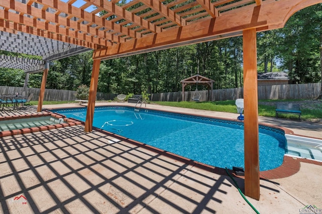 view of pool featuring a pergola, a patio, and a diving board