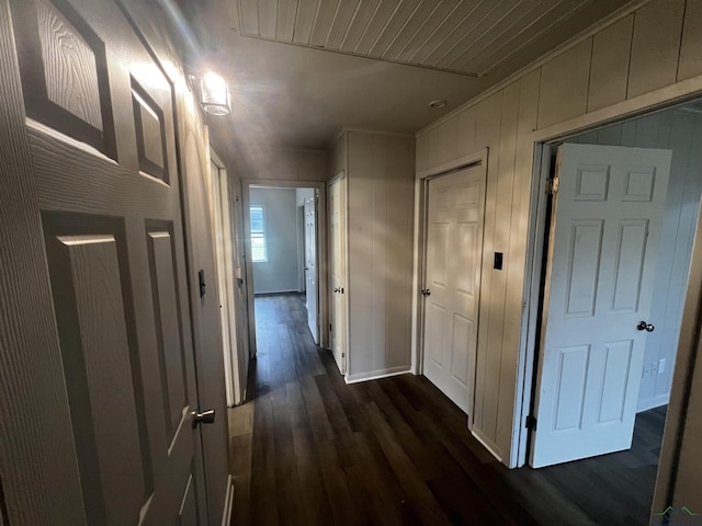 hallway featuring wood walls, dark hardwood / wood-style flooring, and crown molding