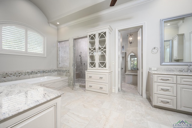 bathroom featuring vanity, separate shower and tub, ceiling fan, and crown molding