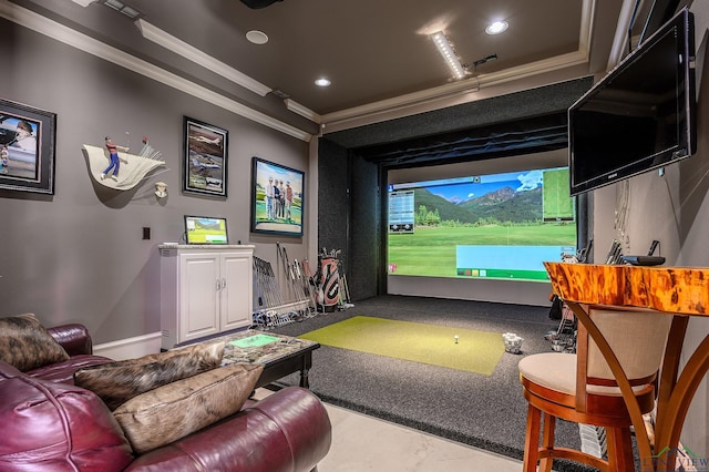 home theater featuring crown molding and golf simulator