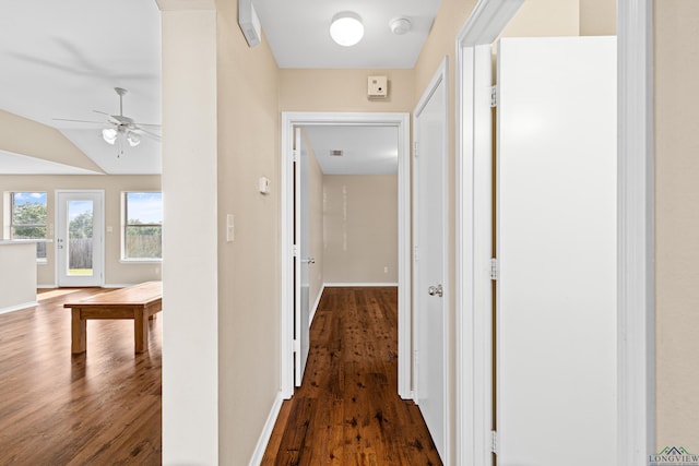 corridor with dark hardwood / wood-style floors and lofted ceiling