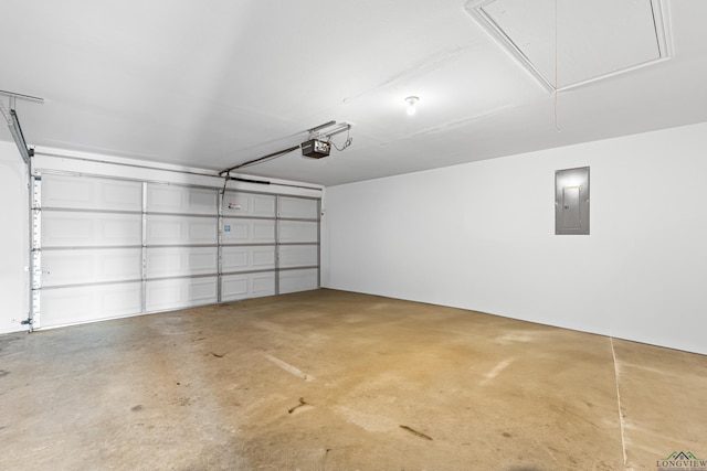 garage with electric panel and a garage door opener