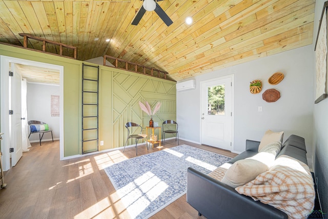 living room featuring a wall mounted air conditioner, wood ceiling, ceiling fan, wood-type flooring, and lofted ceiling