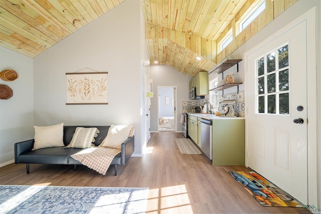 kitchen featuring stainless steel appliances, high vaulted ceiling, light hardwood / wood-style flooring, wooden ceiling, and green cabinets