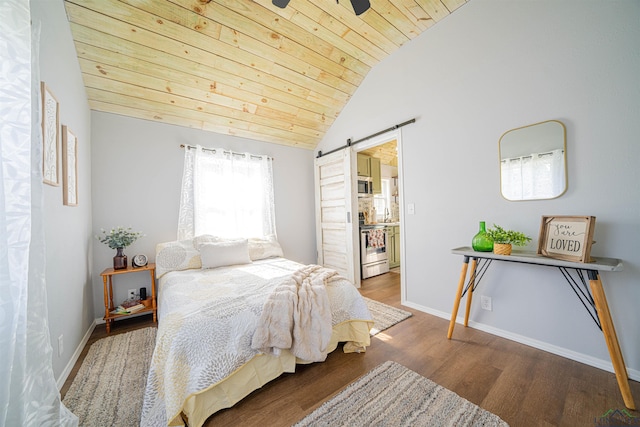 bedroom featuring ceiling fan, wooden ceiling, a barn door, hardwood / wood-style floors, and lofted ceiling