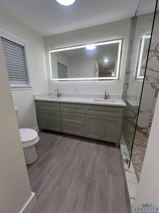 full bathroom featuring toilet, double vanity, a sink, and wood finished floors