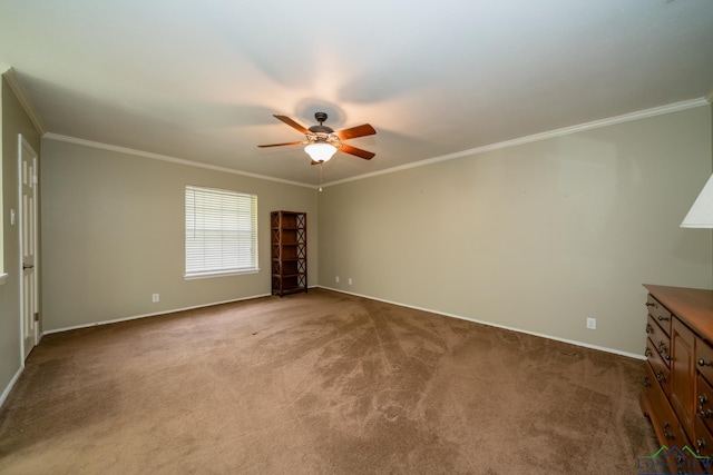 unfurnished bedroom featuring light carpet, ceiling fan, and ornamental molding