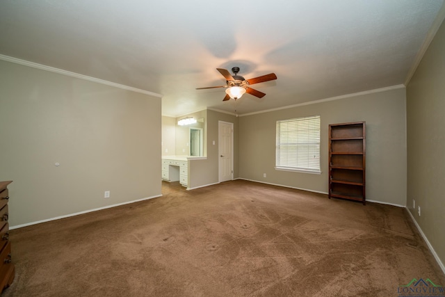 unfurnished living room featuring carpet flooring, ceiling fan, and ornamental molding