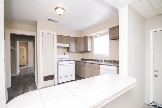 kitchen featuring light hardwood / wood-style flooring, sink, white appliances, and tile counters