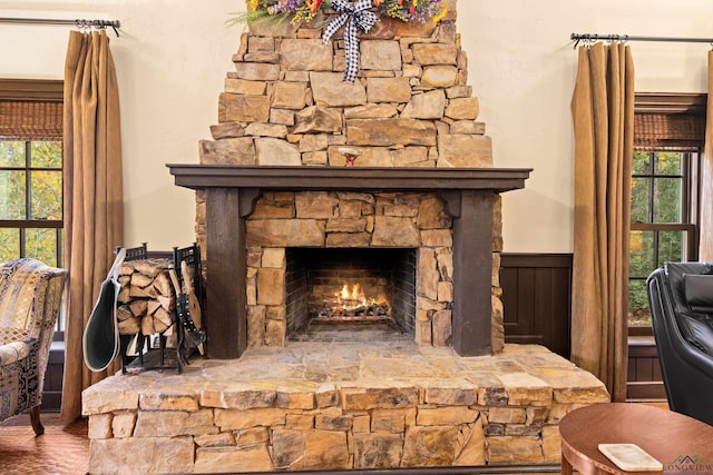 room details with a stone fireplace