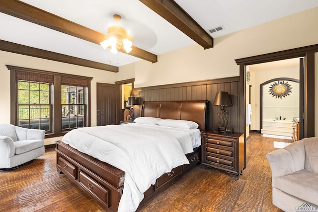 bedroom featuring beamed ceiling, access to exterior, ceiling fan, and dark wood-type flooring