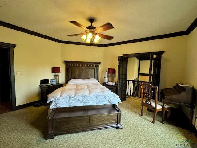 bedroom featuring ceiling fan, light colored carpet, and crown molding