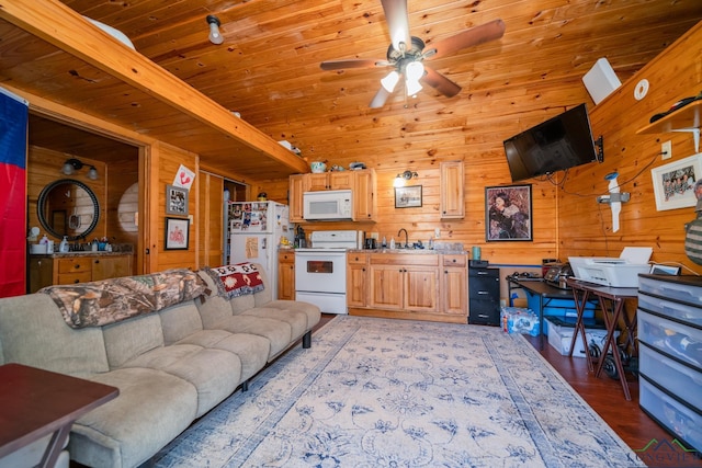 living room with wooden ceiling, sink, wooden walls, ceiling fan, and beam ceiling