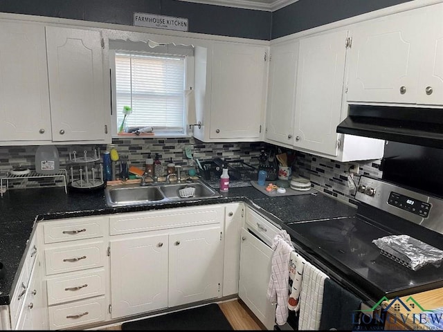 kitchen with white cabinetry, sink, range hood, backsplash, and stainless steel electric range