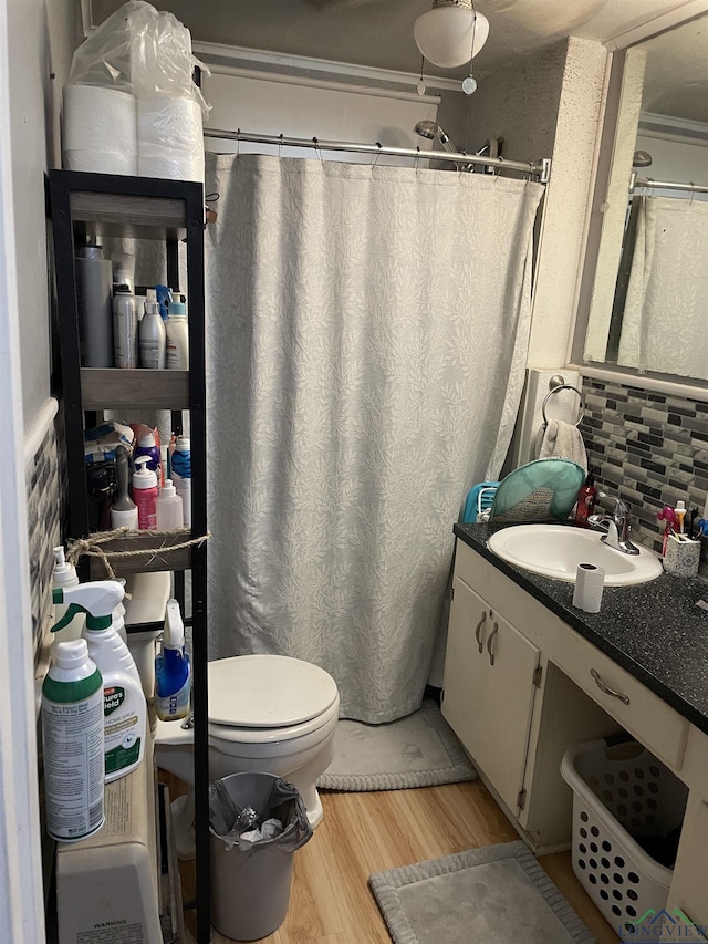 bathroom featuring tasteful backsplash, vanity, and wood-type flooring