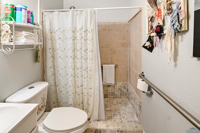 bathroom featuring a shower with curtain, toilet, and vanity