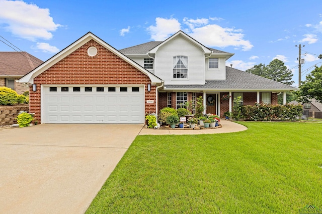 3709 Rouncival Dr, Longview, TX 75605 - traditional home featuring a front lawn, concrete driveway, brick siding, a garage, and roof with shingles
