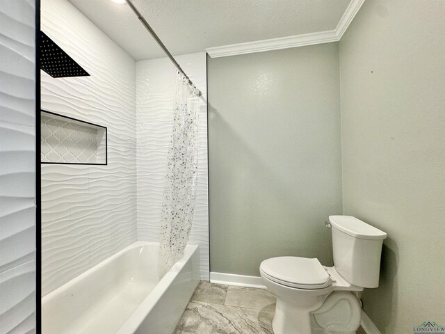 2305 Buccaneer Dr, Longview, TX 75604 - full bathroom with ornamental molding, toilet, baseboards, and shower / bathtub combination with curtain
