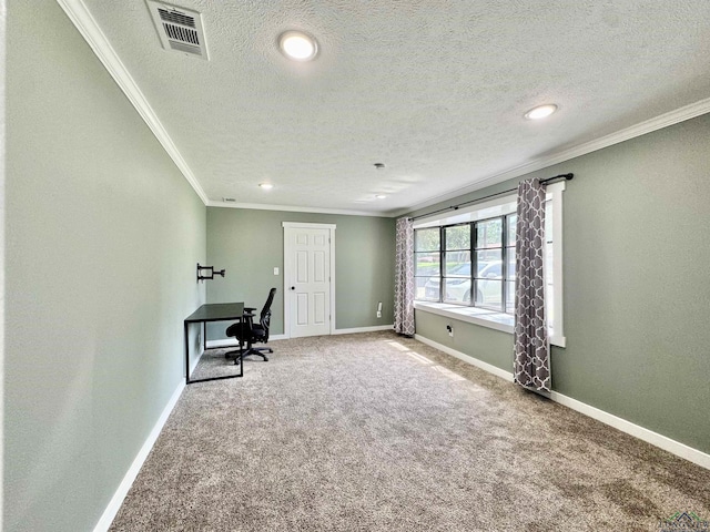 2305 Buccaneer Dr, Longview, TX 75604 - carpeted home office featuring crown molding, a textured ceiling, baseboards, and recessed lighting