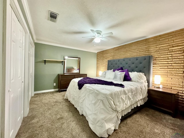 2305 Buccaneer Dr, Longview, TX 75604 - carpeted bedroom featuring ornamental molding, baseboards, a ceiling fan, and wooden walls