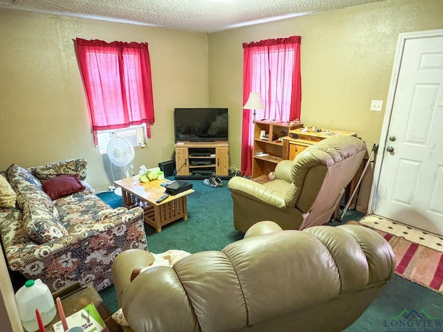 living room featuring carpet floors, a textured ceiling, and a textured wall