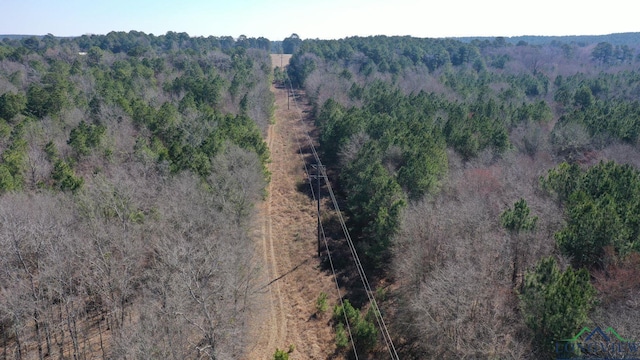 bird's eye view featuring a wooded view