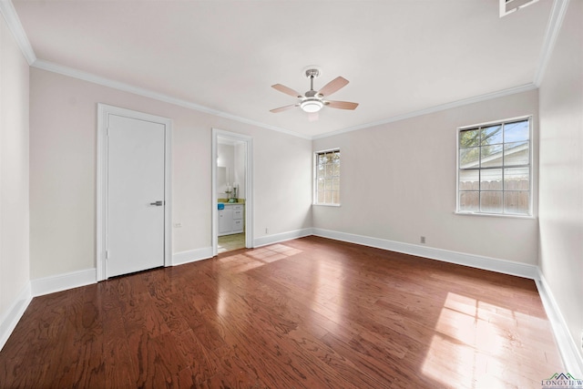 interior space with crown molding, ceiling fan, and wood-type flooring