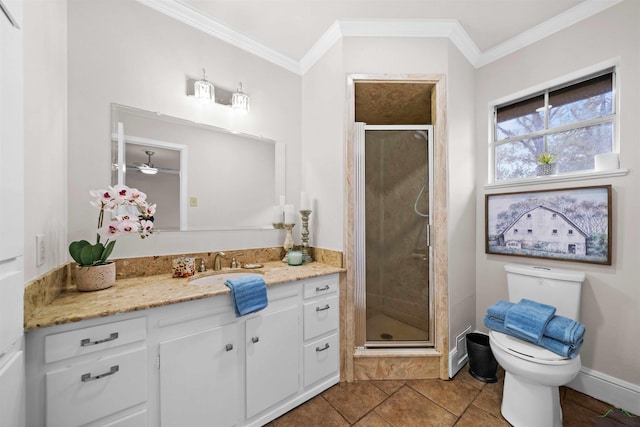 bathroom with tile patterned floors, vanity, toilet, and a shower with door