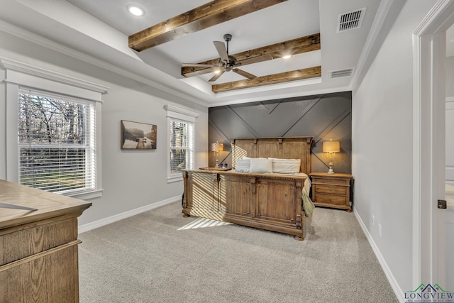 carpeted bedroom featuring ornamental molding and ceiling fan