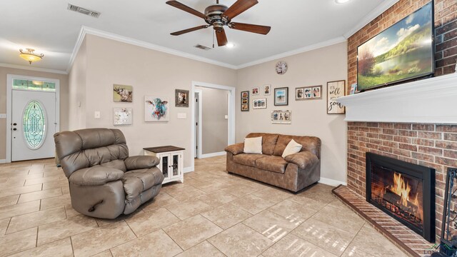 128 Inwood Rd, Texarkana, TX 75501 - living room featuring visible vents, baseboards, a brick fireplace, ornamental molding, and a ceiling fan