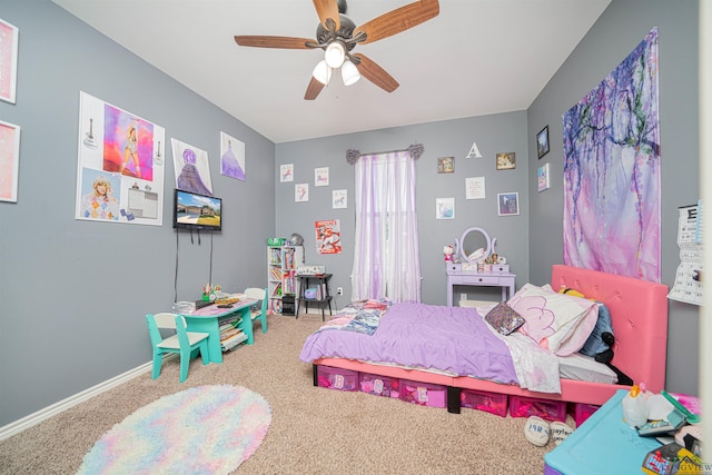 carpeted bedroom with ceiling fan