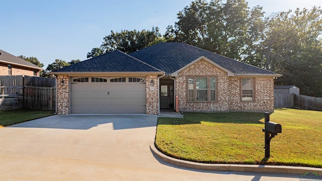 ranch-style home with a garage and a front lawn