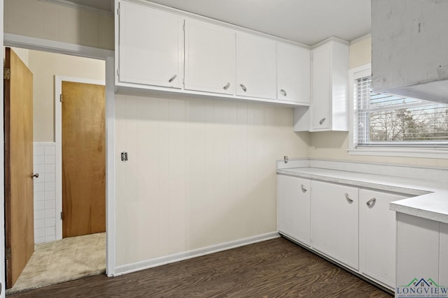 clothes washing area with baseboards and dark wood-type flooring