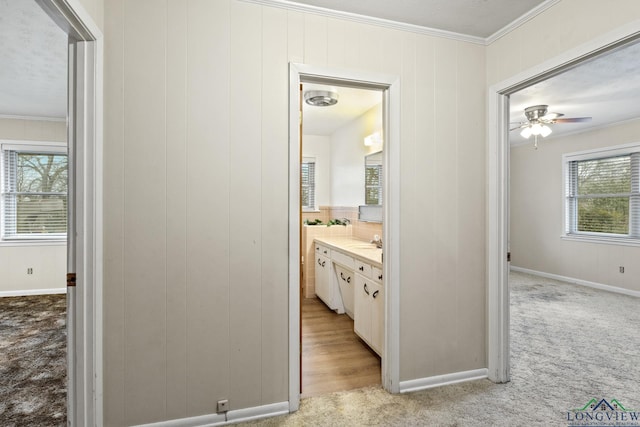 hallway with crown molding, a sink, light colored carpet, and baseboards