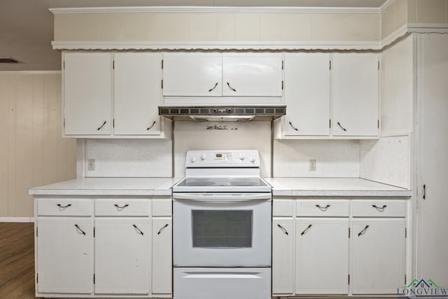 kitchen featuring white cabinetry, white range with electric cooktop, and light countertops