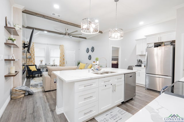 kitchen with appliances with stainless steel finishes, visible vents, a sink, and white cabinetry