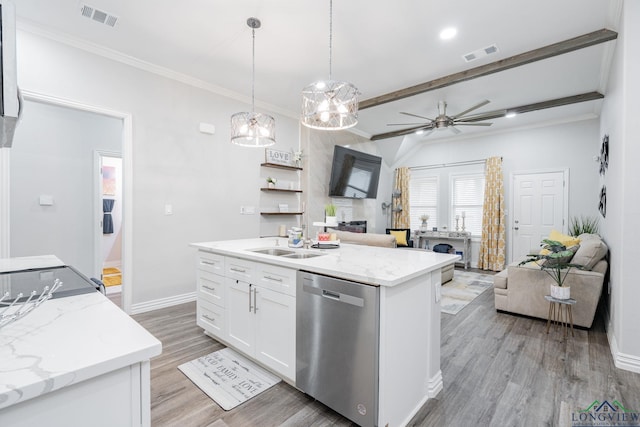 kitchen featuring a sink, visible vents, open floor plan, and dishwasher