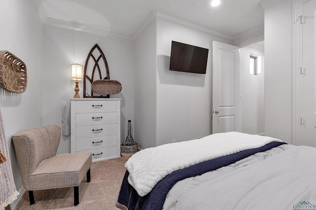 carpeted bedroom featuring crown molding