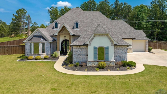french country style house with brick siding, fence, and driveway