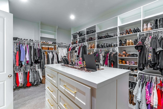 walk in closet with light carpet