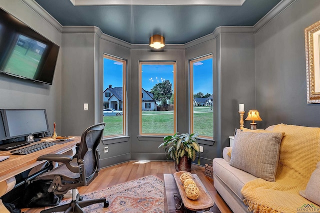 office area with plenty of natural light and wood finished floors