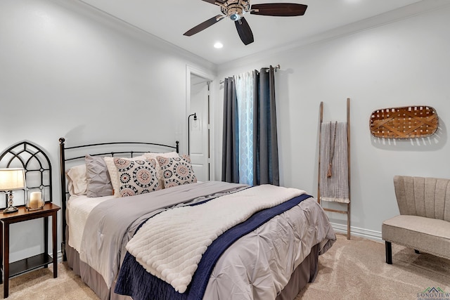 bedroom featuring crown molding, recessed lighting, baseboards, and light carpet