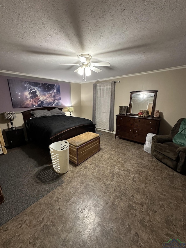 bedroom featuring a textured ceiling, ceiling fan, and crown molding