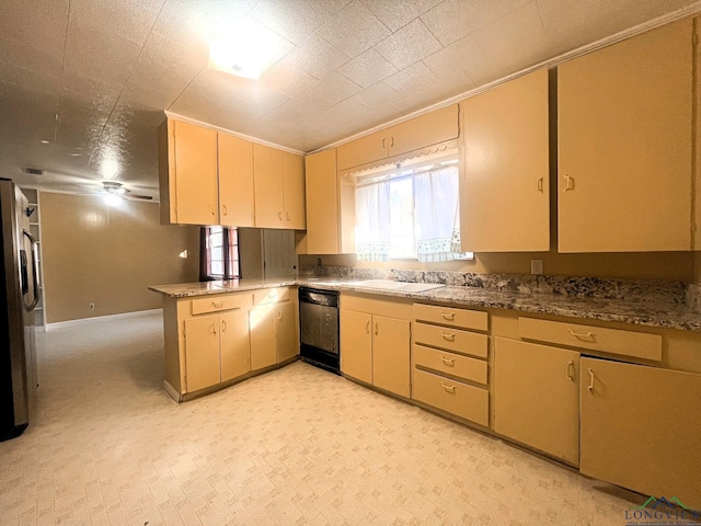 kitchen with sink, stainless steel fridge, dishwasher, kitchen peninsula, and light brown cabinets