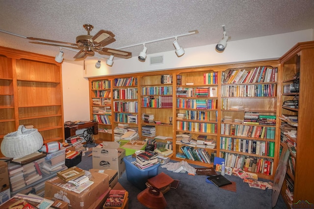 1006 Quitman St, Pittsburg, TX 75686 - living area featuring track lighting, a textured ceiling, ceiling fan, carpet flooring, and bookshelves