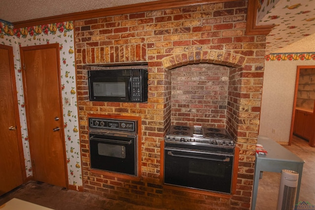 1006 Quitman St, Pittsburg, TX 75686 - kitchen with black appliances, wallpapered walls, and crown molding