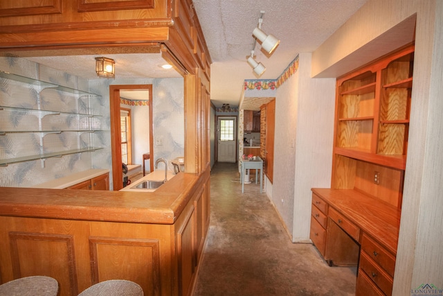 1006 Quitman St, Pittsburg, TX 75686 - corridor with a sink, finished concrete flooring, a textured ceiling, and rail lighting