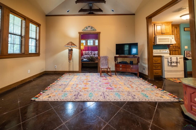 living room with vaulted ceiling