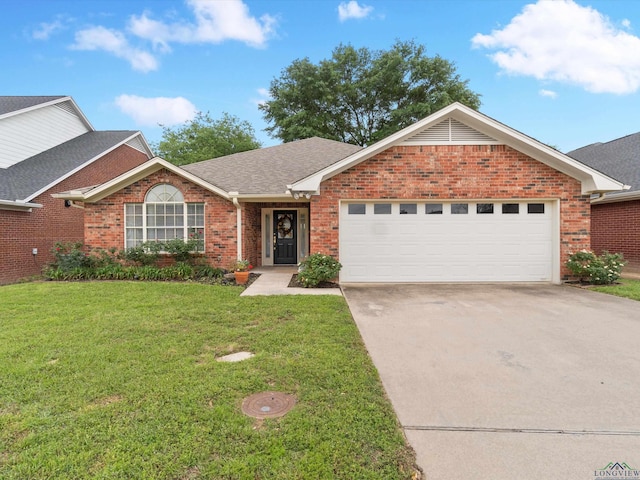 single story home featuring brick siding, a shingled roof, driveway, a front lawn, and an attached garage
