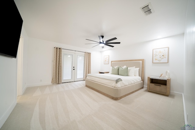 unfurnished bedroom with visible vents, baseboards, light colored carpet, access to outside, and french doors